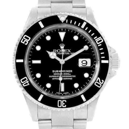 The image shows a front view of the Rolex Submariner 16610 Men's Stainless Steel Black Dial 16610 Men's Stainless Steel Black Dial watch, highlighting its dial, bezel, and bracelet.