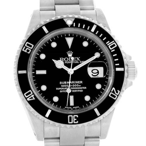 The image shows a front view of the Rolex Submariner 16610 Men's Stainless Steel Black Dial 16610 Men's Stainless Steel Black Dial watch, focusing on the dial, bezel, and bracelet.