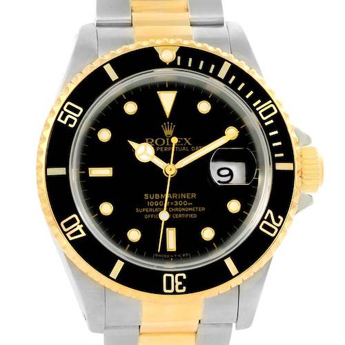 The image shows a front view of a Rolex Submariner 16613 Men's Steel and Gold (two tone) Black Dial 16613 Men's Steel and Gold (two tone) Black Dial watch, highlighting the dial, bezel, and part of the bracelet.