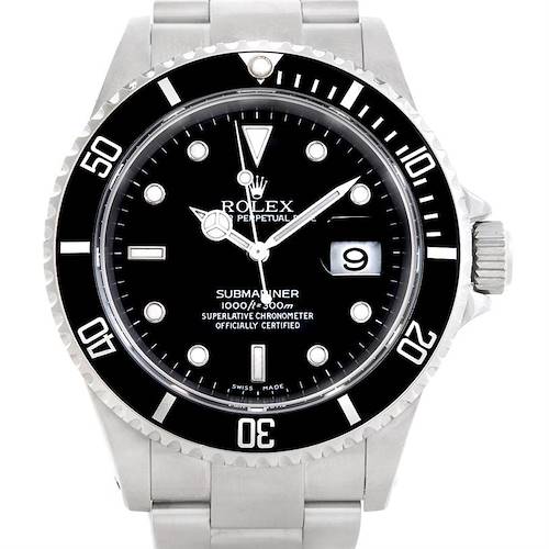The image shows a Rolex Submariner 16610 Men's Stainless Steel Black Dial 16610 Men's Stainless Steel Black Dial watch in a head-on view, highlighting its bezel, dial, case, and bracelet.