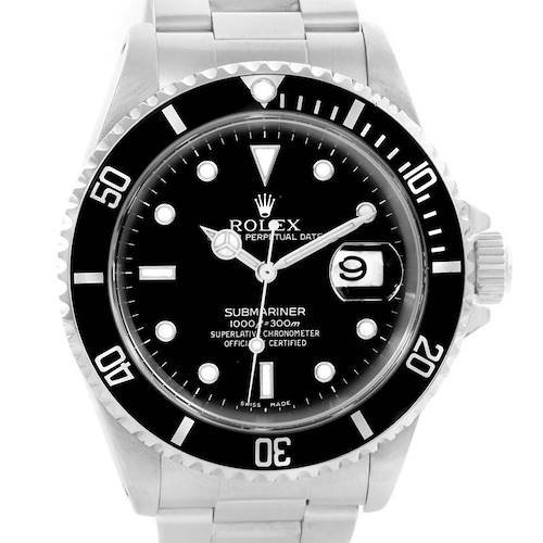 This image shows a Rolex Submariner 16610 Men's Stainless Steel Black Dial 16610 Men's Stainless Steel Black Dial model from a front angle, highlighting its dial, bezel, and bracelet.