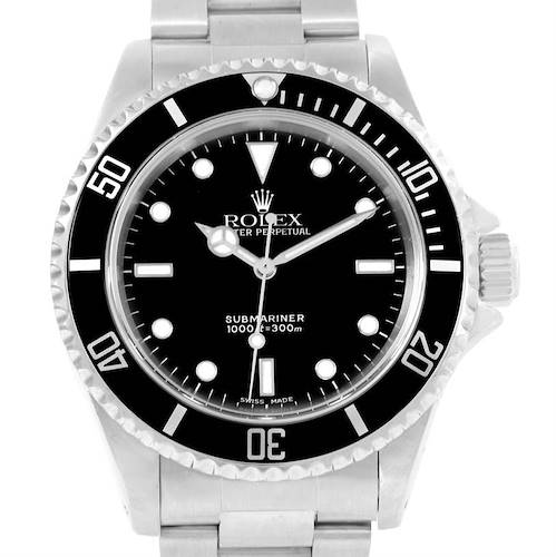 This image shows a front view of a Rolex Submariner 14060 Men's Stainless Steel Black Dial 14060 Men's Stainless Steel Black Dial watch, displaying its dial, bezel, and part of the bracelet.