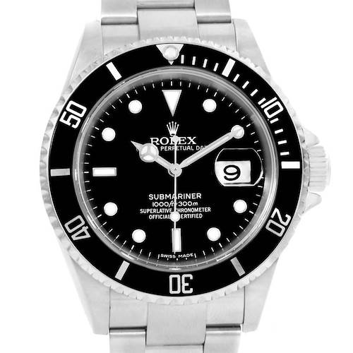 The image shows a front view of a Rolex Submariner 16610 Men's Stainless Steel Black Dial 16610 Men's Stainless Steel Black Dial watch, highlighting its face, bezel, and part of the bracelet.