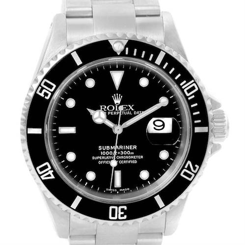 The image shows a front angle view of the Rolex Submariner 16610 Men's Stainless Steel Black Dial 16610 Men's Stainless Steel Black Dial watch face, bezel, and part of the bracelet.