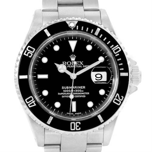 The image shows a front view of the Rolex Submariner 16610 Men's Stainless Steel Black Dial 16610 Men's Stainless Steel Black Dial watch displaying its dial, hands, bezel, and part of the bracelet.