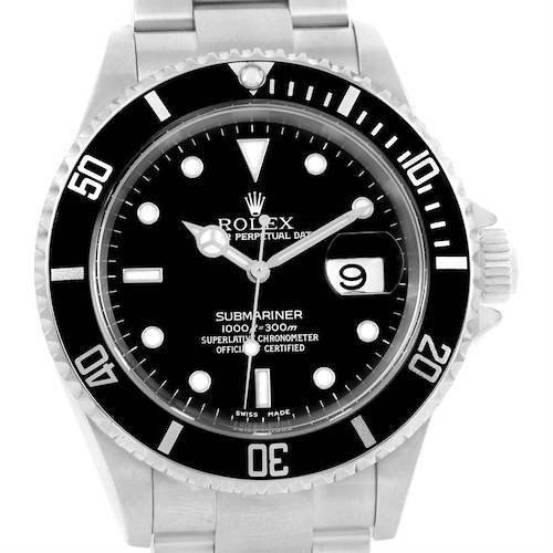 This image shows a front view of the Rolex Submariner 16610 Men's Stainless Steel Black Dial 16610 Men's Stainless Steel Black Dial watch, showcasing its black dial, bezel, and date window.