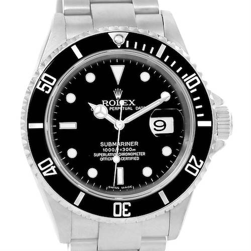 The image shows a front view of a Rolex Submariner 16610 Men's Stainless Steel Black Dial 16610 Men's Stainless Steel Black Dial watch, displaying the dial, bezel, and part of the bracelet.