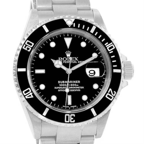 The image shows a front view of the Rolex Submariner 16610 Men's Stainless Steel Black Dial 16610 Men's Stainless Steel Black Dial watch, highlighting its black dial, date window, and stainless steel band.