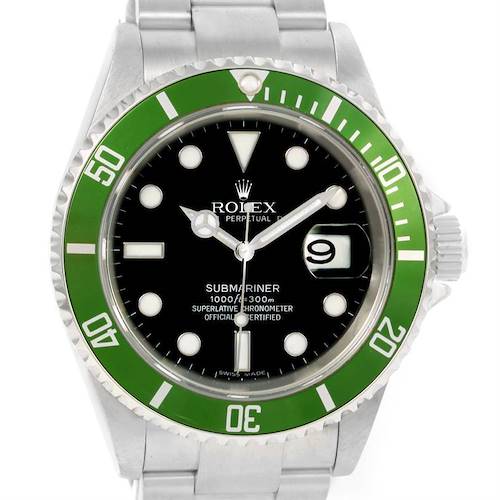 The image shows a Rolex Submariner 16610LV Men's Stainless Steel Black Dial 16610LV Men's Stainless Steel Black Dial watch from a frontal angle, displaying the dial, bezel, date function, and part of the bracelet.