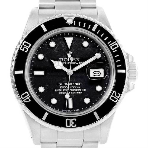 The image shows a front view of a Rolex Submariner 168000 Men's Stainless Steel Black Dial 168000 Men's Stainless Steel Black Dial watch, displaying its dial, bezel, hands, and bracelet.