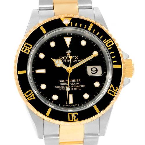 This image shows a front view of a Rolex Submariner 16613 Men's Steel and Gold (two tone) Black Dial 16613 Men's Steel and Gold (two tone) Black Dial watch, highlighting its black dial, gold accents, and stainless steel bracelet.