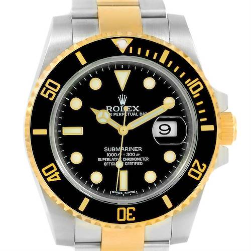 The Rolex Submariner 116613LN Men's Steel and Gold (two tone) Black Dial 116613LN Men's Steel and Gold (two tone) Black Dial watch is shown from the front, displaying its face, bezel, and part of the bracelet.