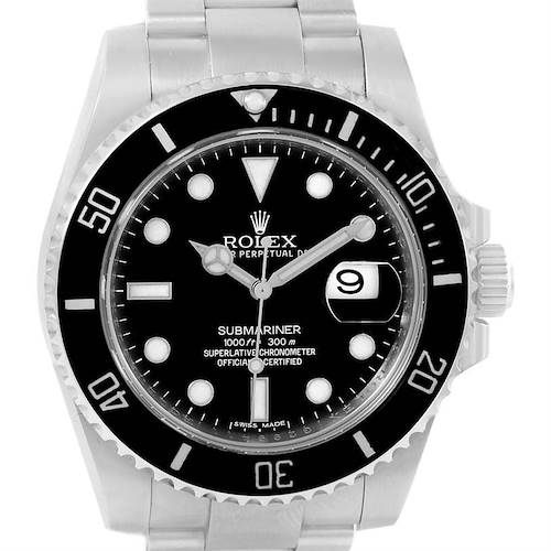 The image shows a front view of the Rolex Submariner 116610 Men's Stainless Steel Black Dial 116610 Men's Stainless Steel Black Dial watch, including its black dial, bezel, and silver bracelet.
