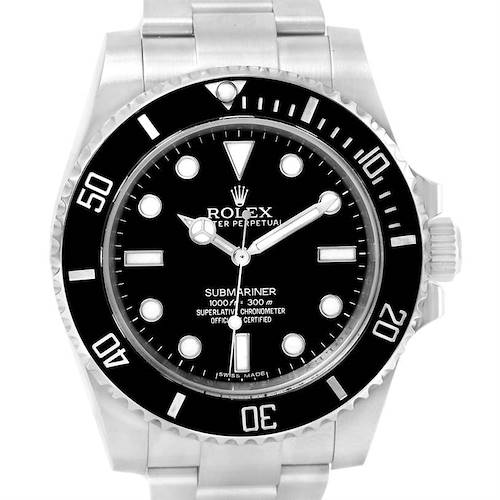 The image shows a front view of a Rolex Submariner 114060 Men's Stainless Steel Black Dial 114060 Men's Stainless Steel Black Dial watch, highlighting its black dial, bezel, and stainless steel bracelet.