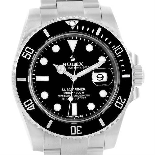 The image presents a front view of a Rolex Submariner 116610 Men's Stainless Steel Black Dial 116610 Men's Stainless Steel Black Dial watch, showcasing its black dial, bezel, and metal bracelet.