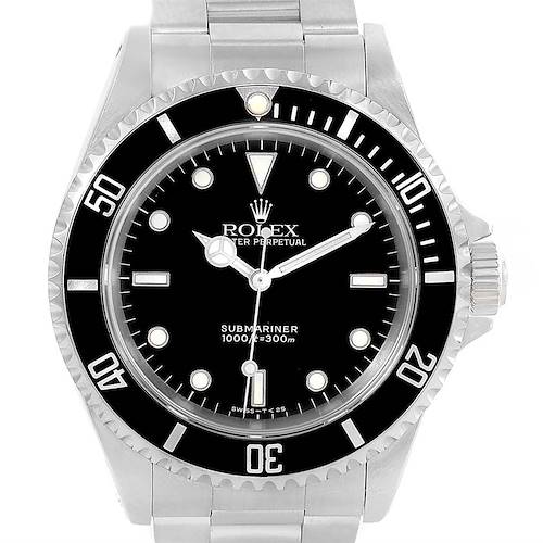 The angled shot shows the Rolex Submariner 14060 Men's Stainless Steel Black Dial 14060 Men's Stainless Steel Black Dial's dial, bezel, crown, and part of the bracelet.