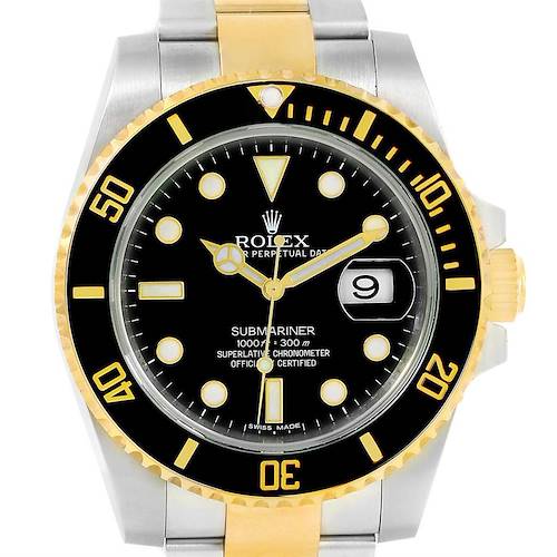 The image displays a front view of a Rolex Submariner 116613 Men's Steel and Gold (two tone) Black Dial 116613 Men's Steel and Gold (two tone) Black Dial watch, highlighting its black dial, date window, and gold bezel with time markings.