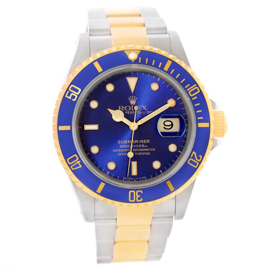 The image shows a front view of a Rolex Submariner 16613 Men's Steel and Gold (two tone) Blue Dial 16613 Men's Steel and Gold (two tone) Blue Dial watch, featuring a blue dial, gold and silver bracelet, and visible date window.