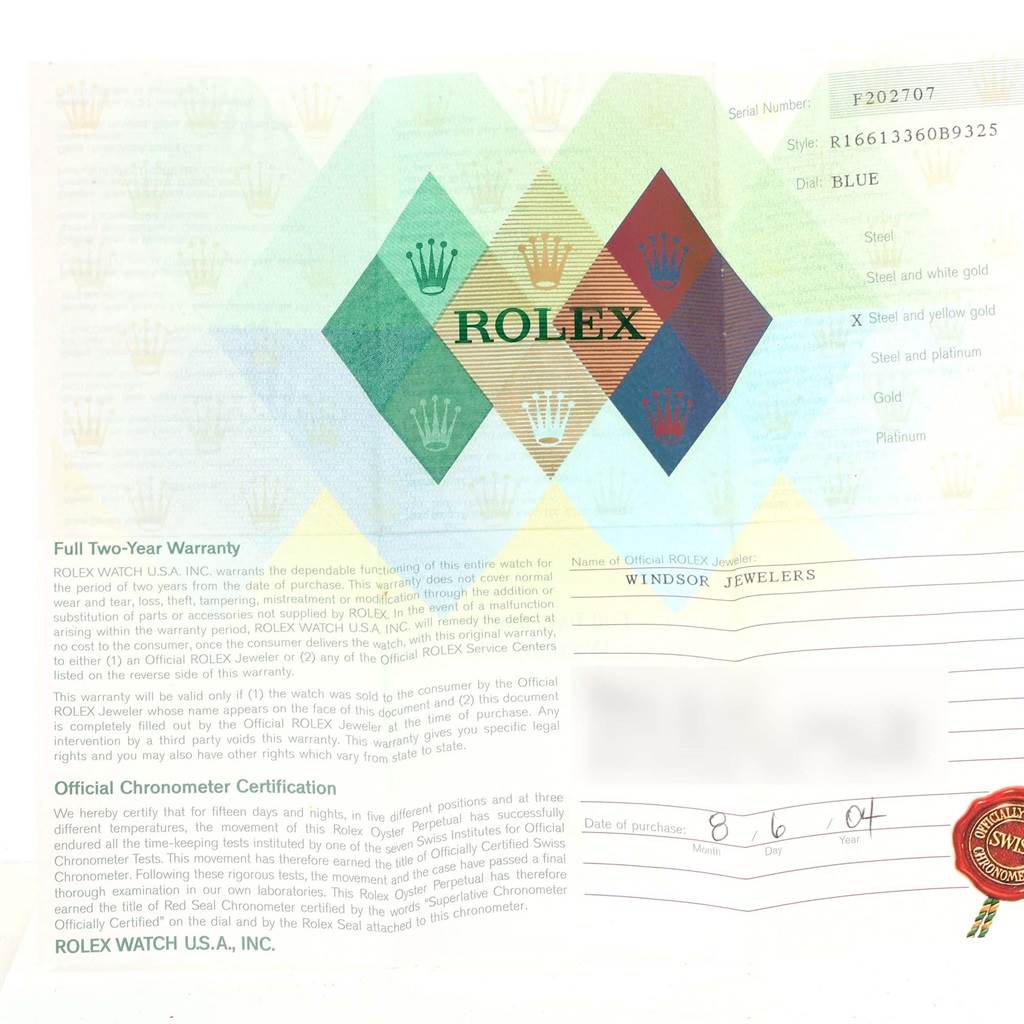 The image shows a warranty and certification card for the Rolex Submariner 16613 Men's Steel and Gold (two tone) Blue Dial 16613 Men's Steel and Gold (two tone) Blue Dial watch.