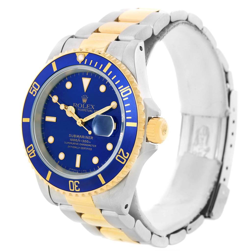 The Rolex Submariner 16613 Men's Steel and Gold (two tone) Blue Dial 16613 Men's Steel and Gold (two tone) Blue Dial watch is shown in a slightly angled side view, displaying the face, bezel, crown, and part of the bracelet.