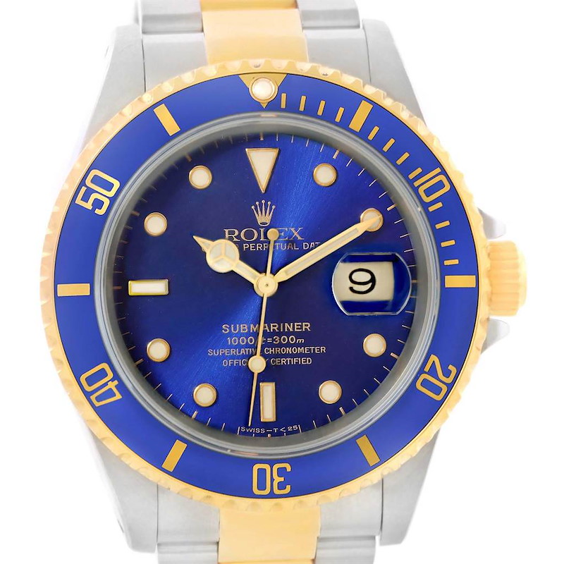The image shows a full front view of the Rolex Submariner 16613 Men's Steel and Gold (two tone) Blue Dial 16613 Men's Steel and Gold (two tone) Blue Dial watch featuring a blue dial and bezel, with a two-tone metal band.