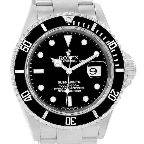The image shows a front view of a Rolex Submariner 16610 Men's Stainless Steel Black Dial 16610 Men's Stainless Steel Black Dial watch, highlighting the dial, bezel, hands, and date window.