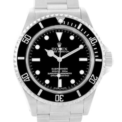 This image shows a frontal view of the Rolex Submariner 14060 Men's Stainless Steel Black Dial 14060 Men's Stainless Steel Black Dial model, highlighting its dial, bezel, and part of the bracelet.