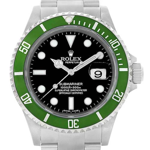 This is a front view of the Rolex Submariner 16610LV Men's Stainless Steel Black Dial 16610LV Men's Stainless Steel Black Dial watch displaying its face, bezel, and bracelet.