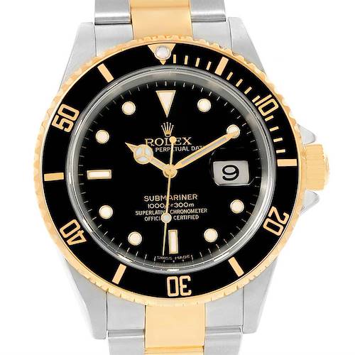 The image shows a front view of a Rolex Submariner 16613 Men's Steel and Gold (two tone) Black Dial 16613 Men's Steel and Gold (two tone) Black Dial watch featuring a black dial, gold accents, and a stainless steel bracelet.