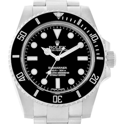 This image shows a front view of a Rolex Submariner 114060 Men's Stainless Steel Black Dial 114060 Men's Stainless Steel Black Dial watch, highlighting its dial, bezel, hands, and crown.
