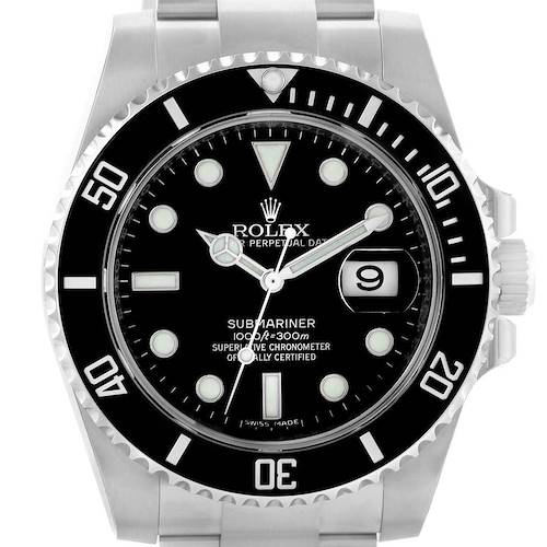 The image shows a front view of the Rolex Submariner 116610 Men's Stainless Steel Black Dial 116610 Men's Stainless Steel Black Dial watch, displaying the bezel, dial, hands, crown, and part of the bracelet.