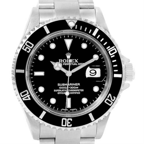 This image shows a full-frontal view of a Rolex Submariner 16610 Men's Stainless Steel Black Dial 16610 Men's Stainless Steel Black Dial watch, highlighting the dial, bezel, and bracelet.