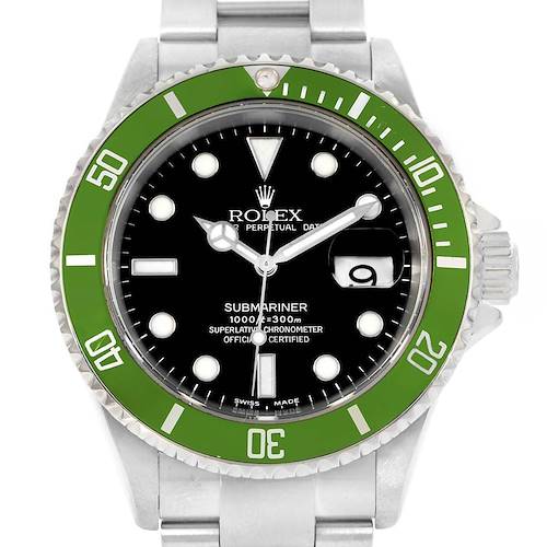 This image shows a Rolex Submariner 16610LV Men's Stainless Steel Black Dial 16610LV Men's Stainless Steel Black Dial watch from a front angle, highlighting the dial, bezel, and part of the bracelet.