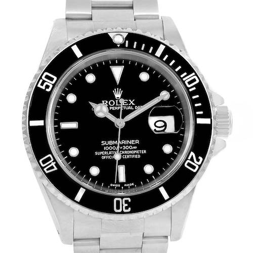 The image shows a front-facing view of a Rolex Submariner 16610 Men's Stainless Steel Black Dial 16610 Men's Stainless Steel Black Dial, displaying the dial, bezel, and part of the bracelet.