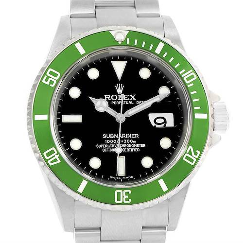 The Rolex Submariner 16610LV Men's Stainless Steel Black Dial 16610LV Men's Stainless Steel Black Dial watch is shown from the front, highlighting its green bezel, black dial, and metal bracelet.