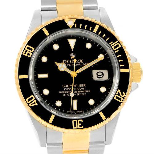 This image shows a front view of a Rolex Submariner 16613 Men's Steel and Gold (two tone) Black Dial 16613 Men's Steel and Gold (two tone) Black Dial watch, highlighting its dial, bezel, and bracelet.