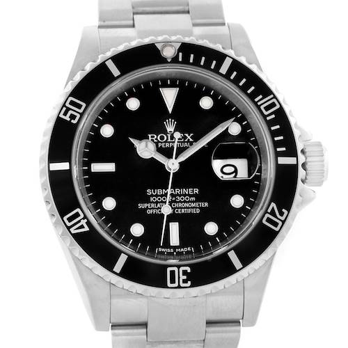 This image shows a front view of the Rolex Submariner 16610 Men's Stainless Steel Black Dial 16610 Men's Stainless Steel Black Dial watch, displaying the black dial, bezel, hands, markers, and date window.