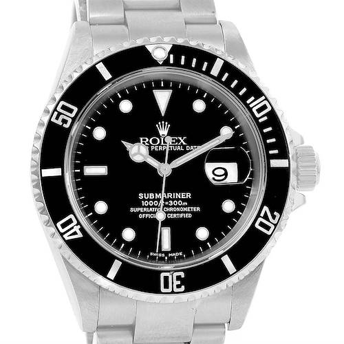 The image shows a frontal view of a Rolex Submariner 16610 Men's Stainless Steel Black Dial 16610 Men's Stainless Steel Black Dial watch, highlighting its dial, bezel, and part of the bracelet.