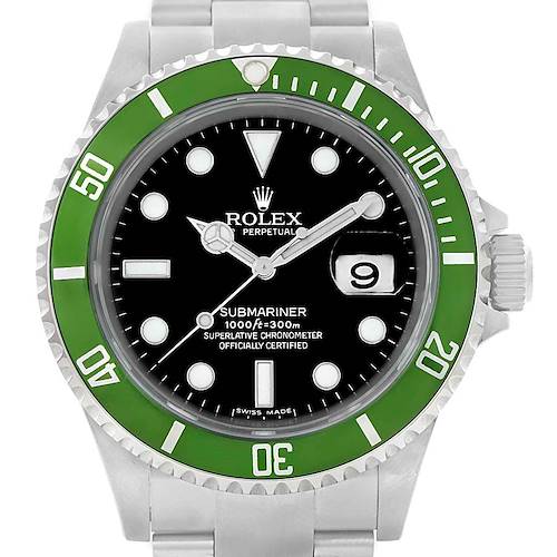This Rolex Submariner 16610LV Men's Stainless Steel Black Dial 16610LV Men's Stainless Steel Black Dial watch is shown from a front angle, displaying the watch face, bezel, and part of the bracelet.