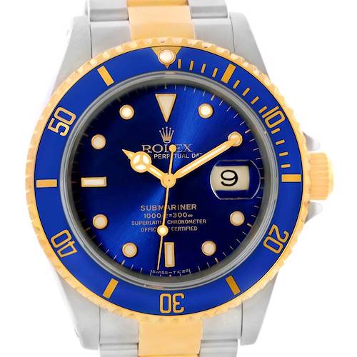 The image shows the Rolex Submariner 16613 Men's Steel and Gold (two tone) Blue Dial 16613 Men's Steel and Gold (two tone) Blue Dial watch face and bezel from a direct front angle.