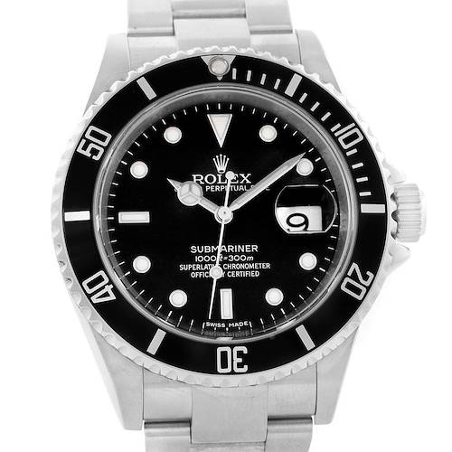 This image shows a front view of a Rolex Submariner 16610 Men's Stainless Steel Black Dial 16610 Men's Stainless Steel Black Dial watch displaying the dial, bezel, and part of the bracelet.