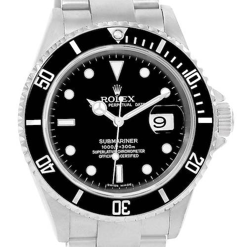 This image shows a front view of a Rolex Submariner 16610 Men's Stainless Steel Black Dial 16610 Men's Stainless Steel Black Dial watch, highlighting the dial, bezel, date window, and part of the bracelet.