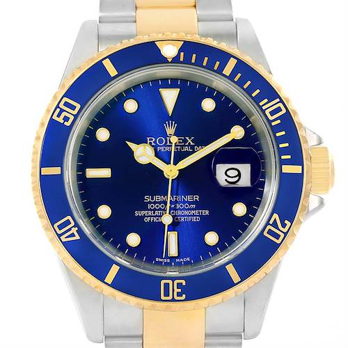 This image shows a Rolex Submariner 16613 Men's Steel and Gold (two tone) Blue Dial 16613 Men's Steel and Gold (two tone) Blue Dial watch from a front angle, displaying its blue dial, bezel, and part of its two-tone bracelet.
