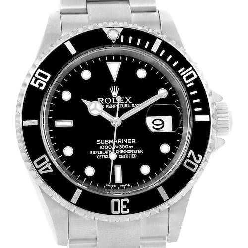 The image shows a front view of the Rolex Submariner 16610 Men's Stainless Steel Black Dial 16610 Men's Stainless Steel Black Dial watch, highlighting its black dial, bezel, and bracelet.