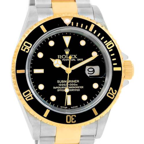 This is a close-up front view of the Rolex Submariner 16613 Men's Steel and Gold (two tone) Black Dial 16613 Men's Steel and Gold (two tone) Black Dial watch, showing the dial, bezel, and bracelet.