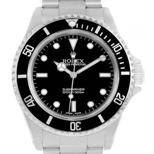 This image shows a front view of a Rolex Submariner 14060 Men's Stainless Steel Black Dial 14060 Men's Stainless Steel Black Dial watch, displaying its black dial, bezel, and steel bracelet.