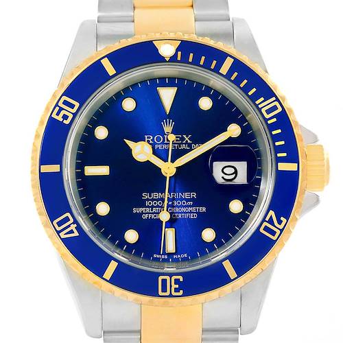 The image shows a frontal view of a Rolex Submariner 16613 Men's Steel and Gold (two tone) Blue Dial 16613 Men's Steel and Gold (two tone) Blue Dial watch, highlighting the face, bezel, and part of the bracelet.