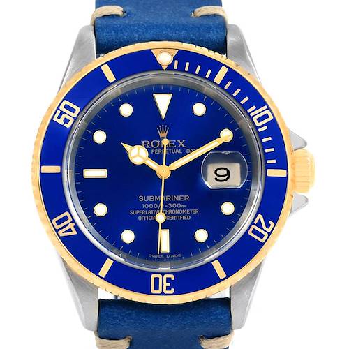 This image shows a front view of a Rolex Submariner 16613 Men's Steel and Gold (two tone) Blue Dial 16613 Men's Steel and Gold (two tone) Blue Dial watch, featuring a blue dial, blue bezel, and gold accents.