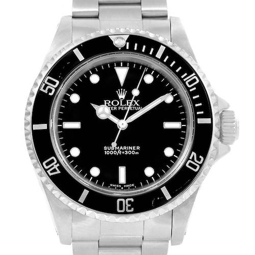 This image shows a frontal view of a Rolex Submariner 14060 Men's Stainless Steel Black Dial 14060 Men's Stainless Steel Black Dial watch, featuring its black dial, bezel, and stainless steel bracelet.