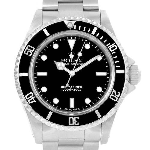 The image shows a front view of the Rolex Submariner 14060 Men's Stainless Steel Black Dial 14060 Men's Stainless Steel Black Dial watch, highlighting the dial, bezel, crown, and bracelet.